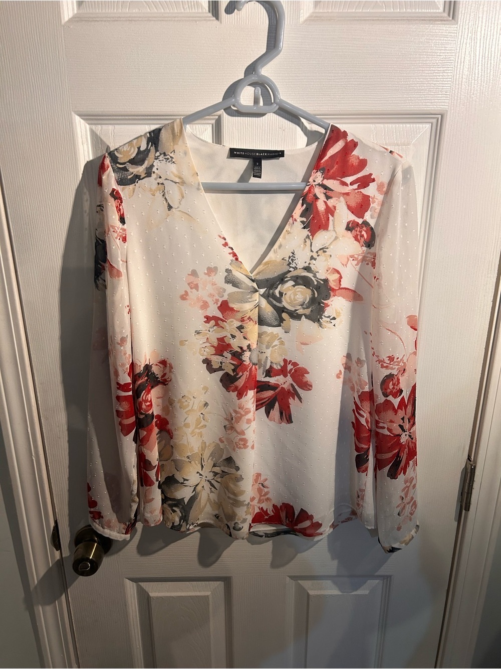 White House Black Market Ivory Floral V-Neck Blouse with Red & Gray Accents